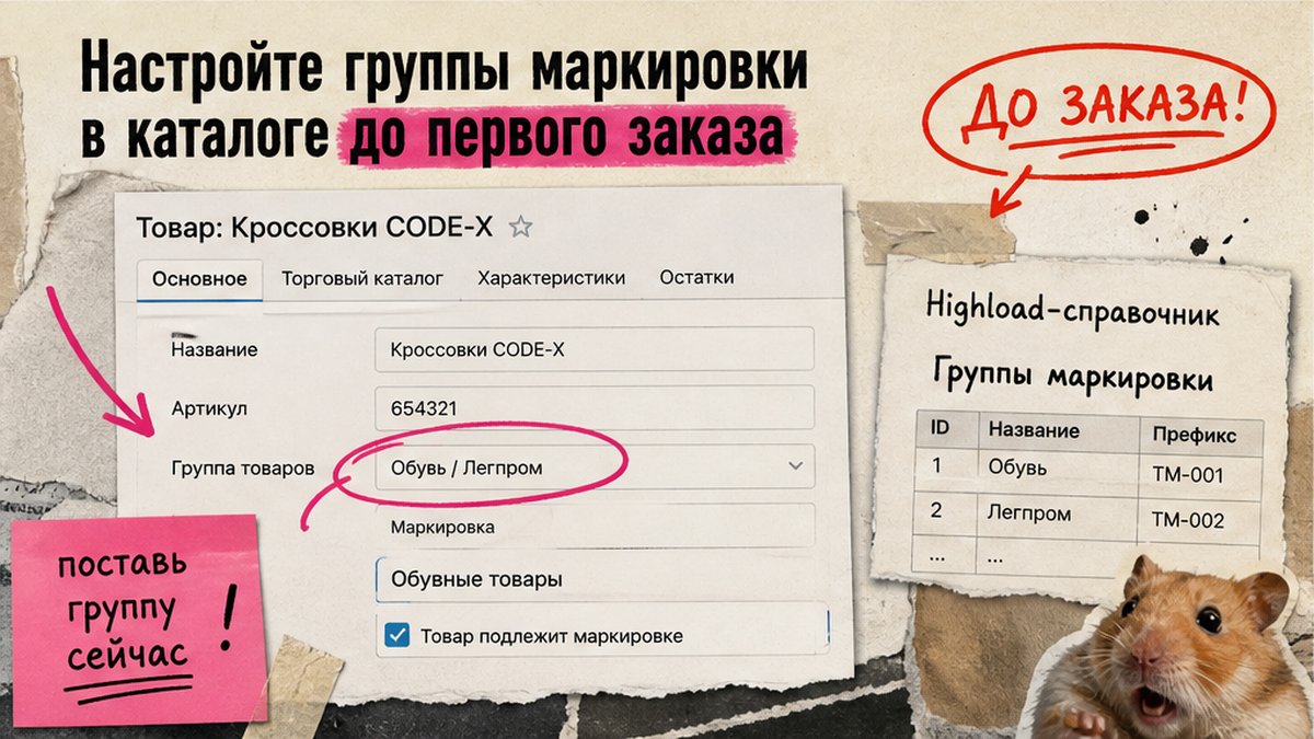 Сравнение: группа маркировки в каталоге до заказа vs заказ без кнопки Штрихкоды