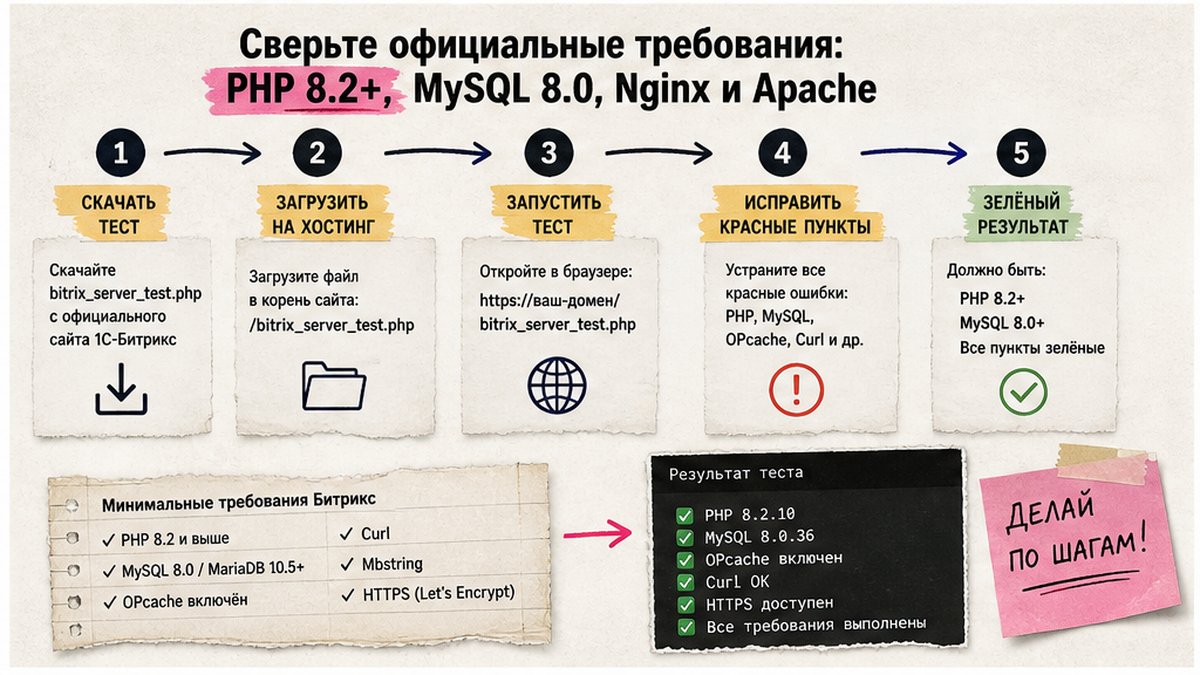 Workflow проверки требований PHP 8.2+ и MySQL 8.0 через bitrix_server_test.php
