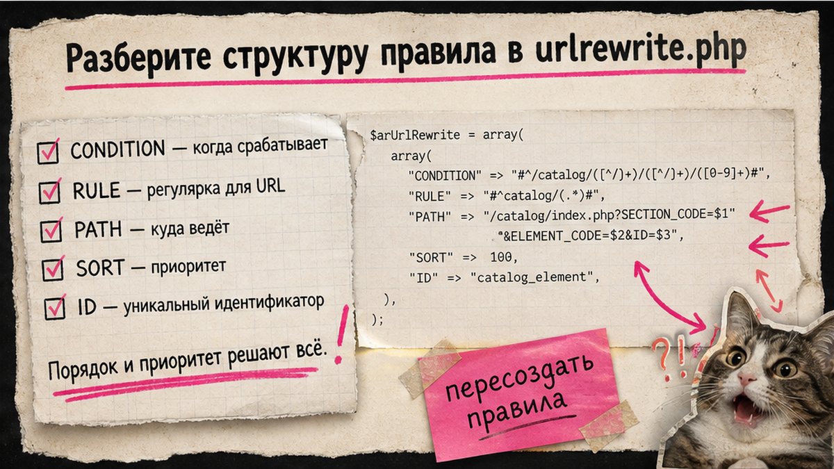 Чеклист полей правила urlrewrite.php: CONDITION, RULE, PATH и пересоздание после FTP