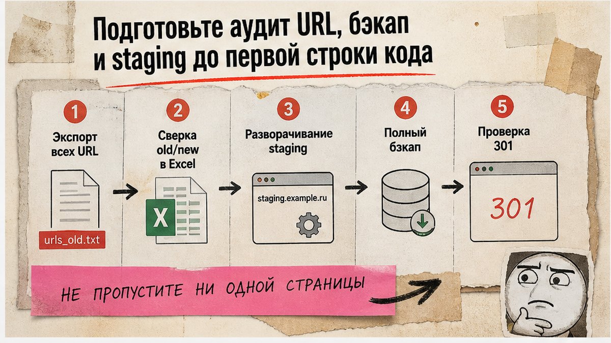 Схема подготовки: аудит URL, бэкап и staging до кода