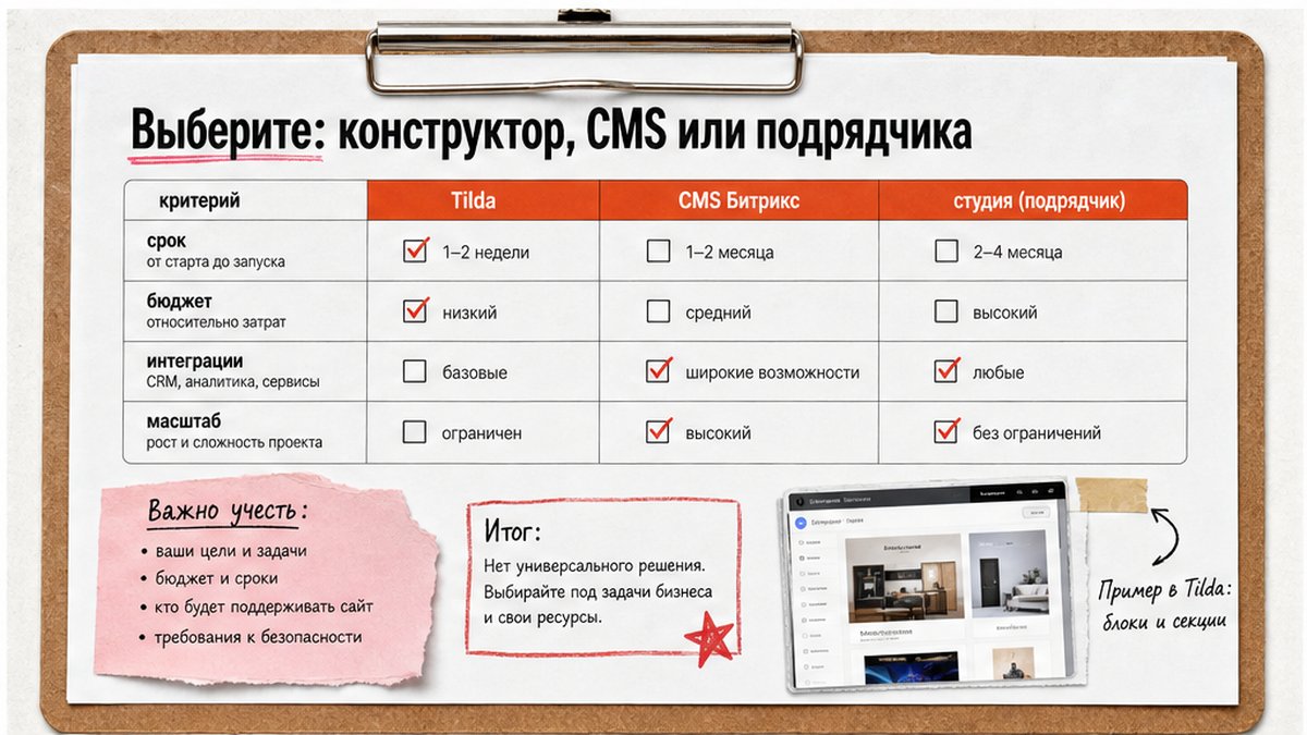 Чеклист выбора: конструктор, CMS или подрядчик для сайта бизнеса