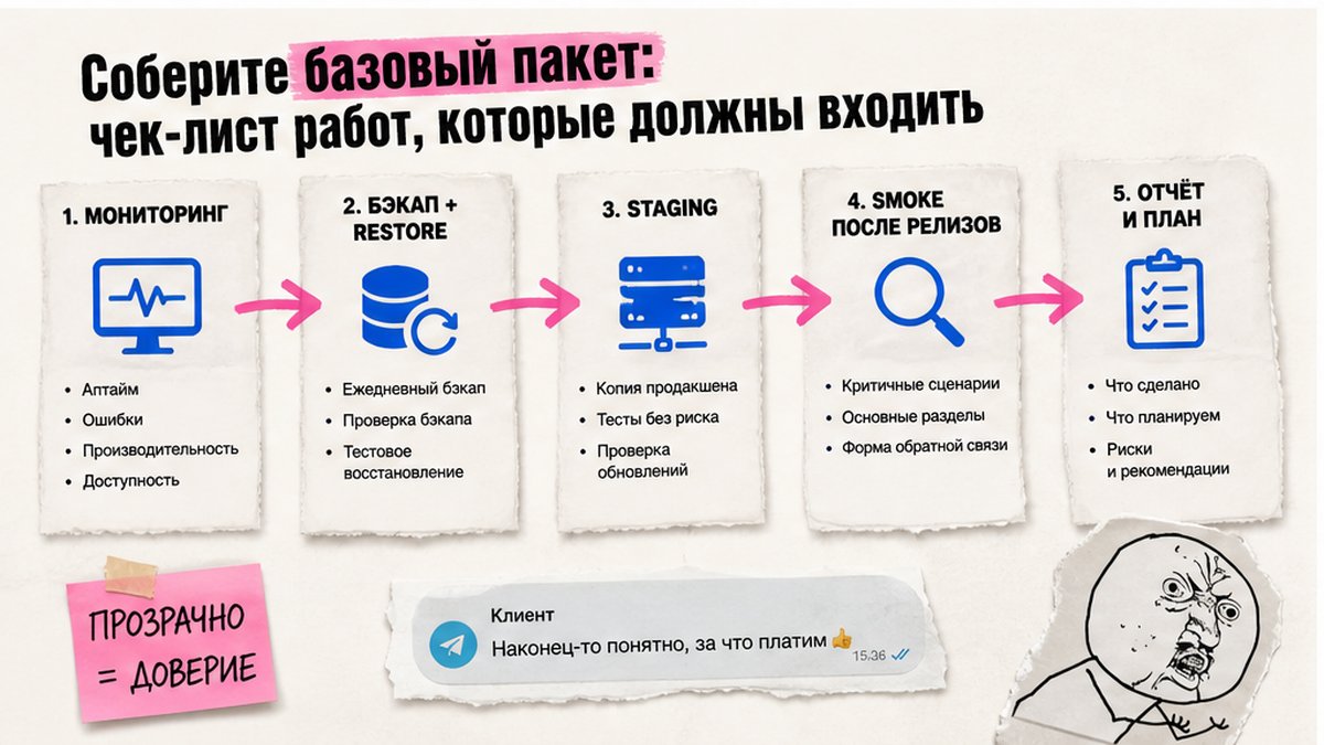 Базовый пакет техподдержки Битрикс: мониторинг, бэкапы, обновления, безопасность
