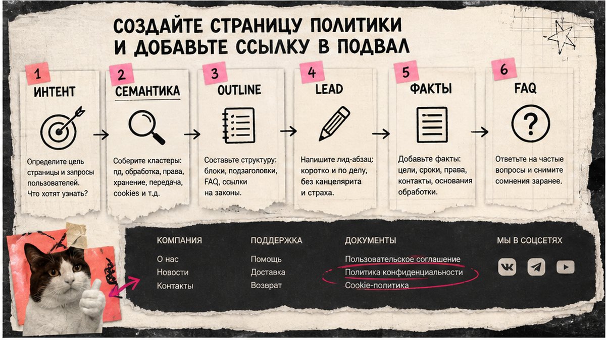 Схема workflow / шаги: Создайте страницу политики и добавьте ссылку в подвал