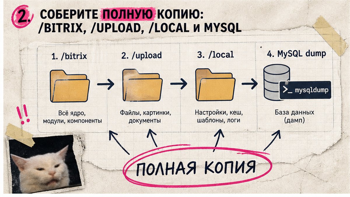 Схема полного бэкапа Bitrix: файлы и база MySQL