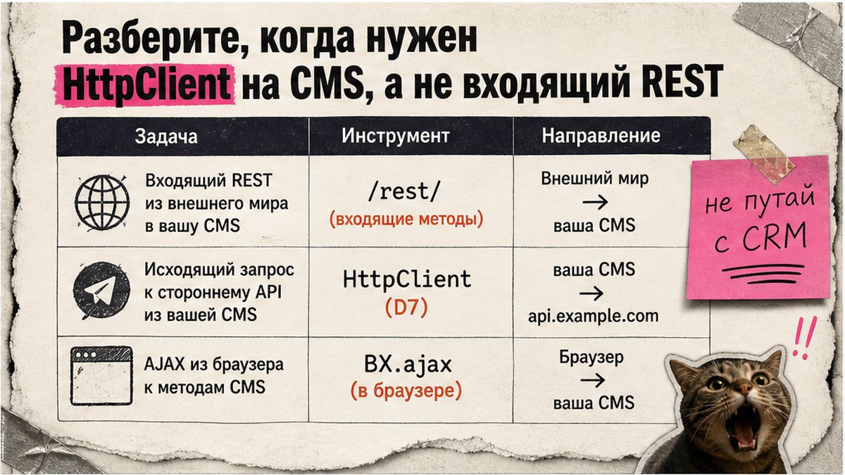 Сравнительная таблица: входящий REST, исходящий HttpClient и BX.ajax на Битрикс CMS