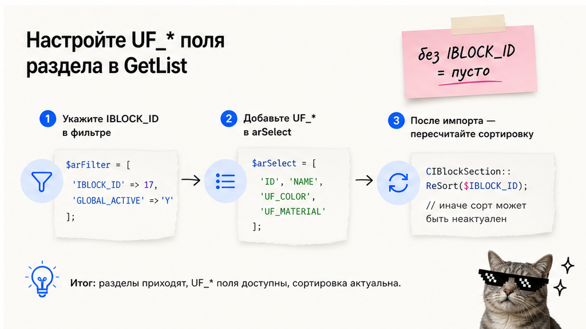 Схема настройки UF-полей раздела в CIBlockSection::GetList с обязательным IBLOCK_ID