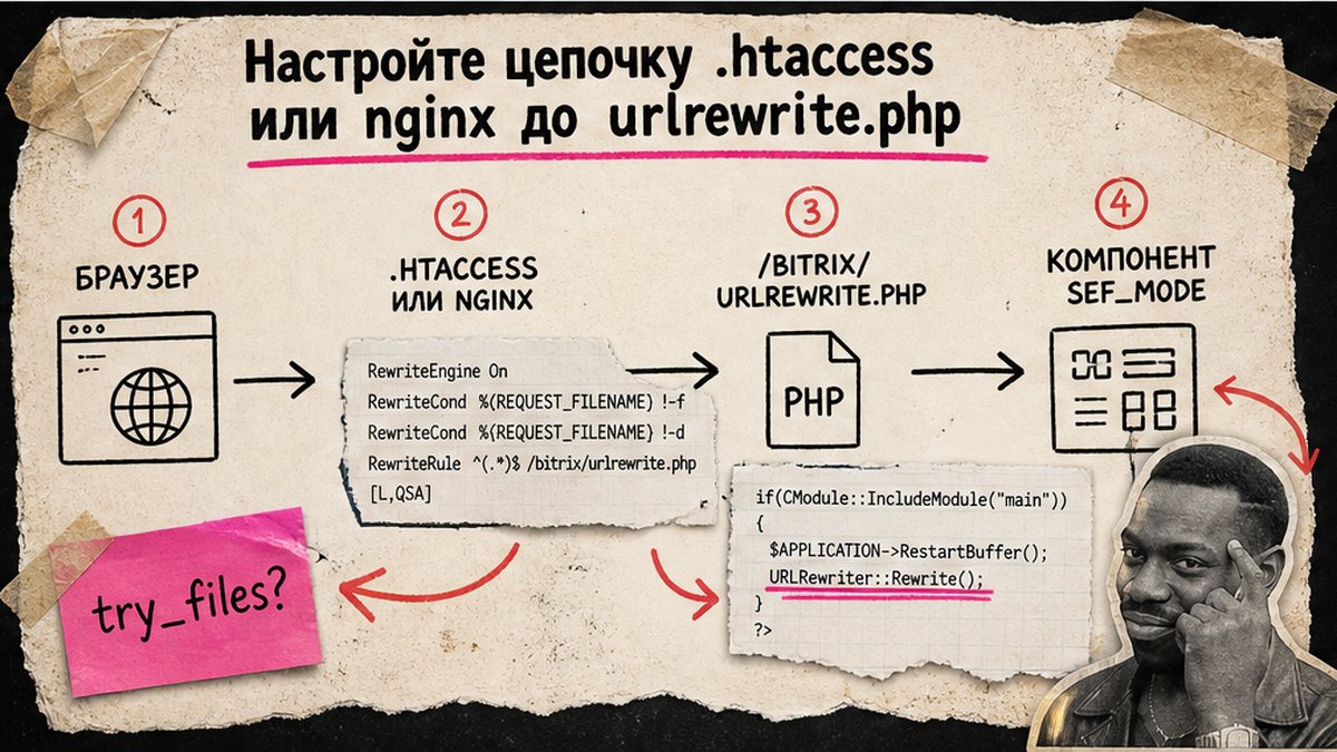 Схема цепочки маршрутизации: веб-сервер, urlrewrite.php и SEF_MODE компонента